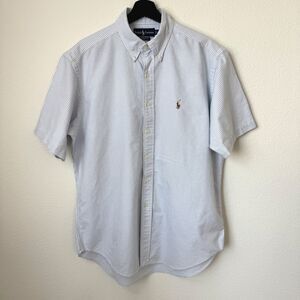 Ralph Lauren Mens Large Blue Stripe Classic Fit Button Down Short Sleeve Shirt L